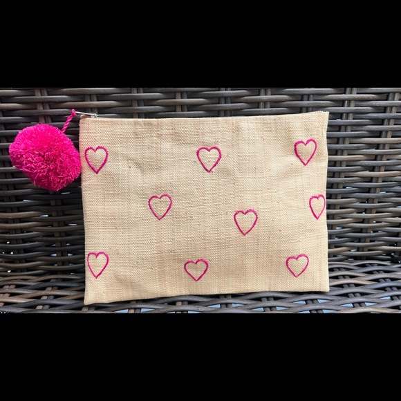Mar Y Sol Raffia coated straw Clutch in Camel Straw with Pink Embroidered Hearts - Picture 3 of 7